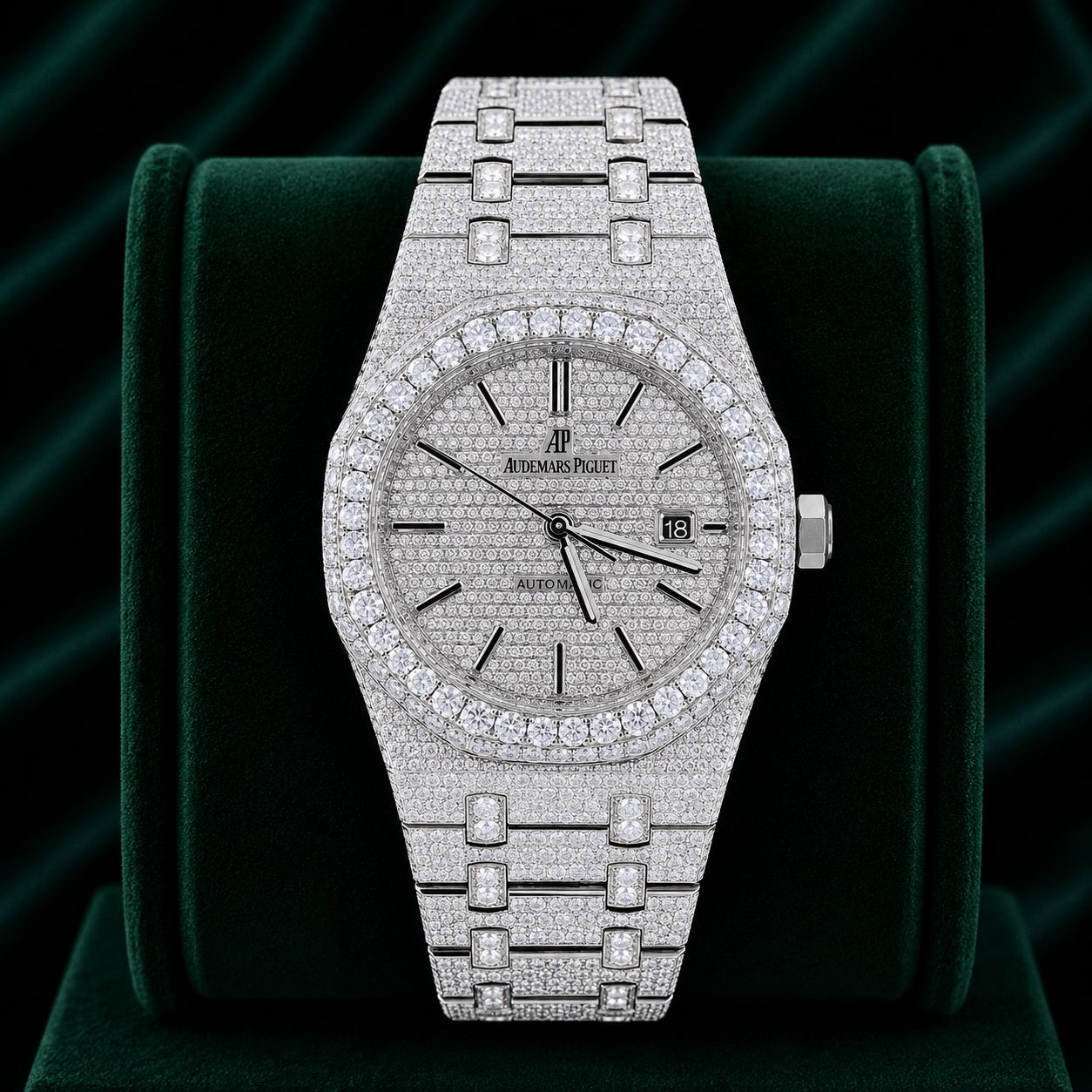 AP STAINLESS STEEL 41MM MOISSANITE DIAMOND WATCH 25CT STUDDED BAND